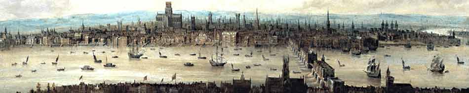Thomas Wyck, “View of London from Southwark”. Farbiges Panorama von aus dem 17. Jahrhundert